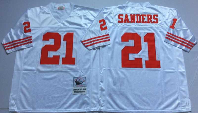 49ers 21 Deion Sanders White M&N Throwback Jersey